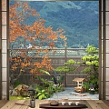 Rockery Stones In Japanese Garden With Wooden Sliding Doors Mountain View Orange Leaf Tree And Pine Bonsai