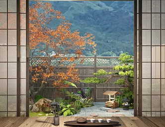 Japanese-style courtyard landscape sketch plant landscaping rockery stone plant pile 3d model