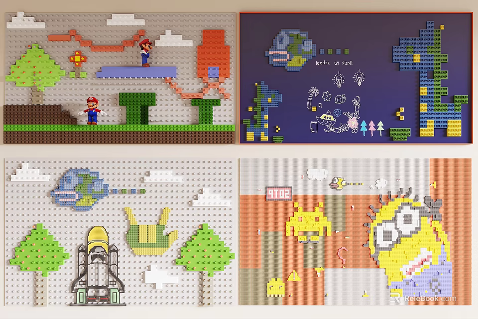 Colorful Cartoon Character Building Block Background Wall With Mario Minion Dinosaur And Tree Patterns 3d model 