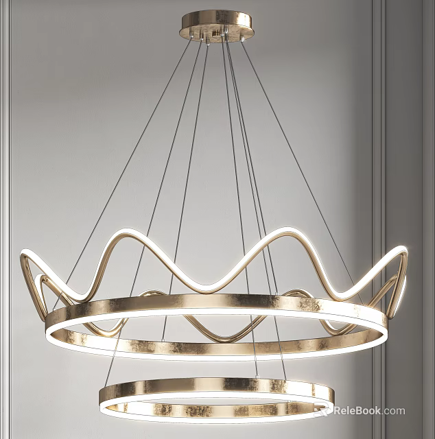 Modern Gold Metal Chandelier With Curved Circular Ring Design And Illuminated Lights 3d model 