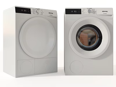 Two Modern White Front Loading Washing Machines With Control Panel And 3d model