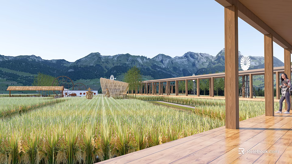Scenic Rural Landscape With Vast Rice Field Distant Mountains And Wooden Veranda Under Blue Sky 3d model 