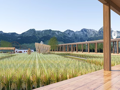 Scenic Rural Landscape With Vast Rice Field Distant Mountains And Wooden Veranda Under Blue Sky 3d model