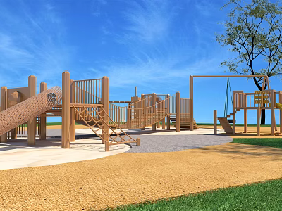 Wooden Outdoor Playground Equipment With Slide Climbing Frame And Swings In Park 3d model