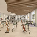 Well Equipped School Music Classroom With Various Musical Instruments And Music Sheets