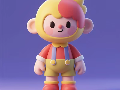 Cute Cartoon Doll with Yellow Pink Head Red Top Yellow Suspenders Red Shoes Purple Background 3d model