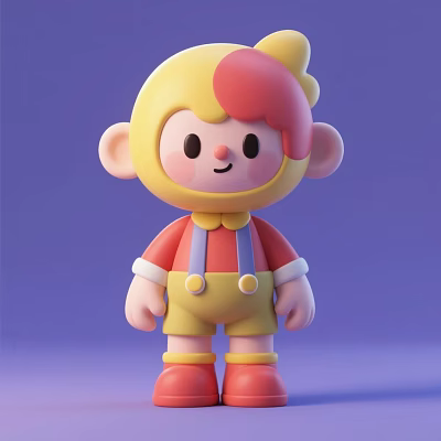 Cute Cartoon Doll with Yellow Pink Head Red Top Yellow Suspenders Red Shoes Purple Background 3d model