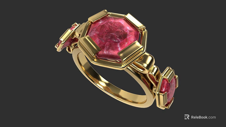 Ornate Gold Ring With Hexagonal Red Gemstone And Intricate Design 3d model 