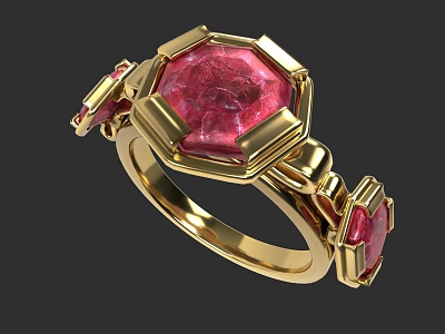 Ornate Gold Ring With Hexagonal Red Gemstone And Intricate Design 3d model