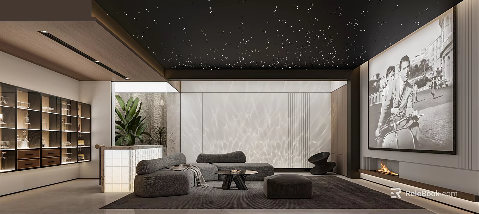 Cozy Home Theater Room With Starry Ceiling Gray Sofa Projection Screen Green Plant Modern Design 3d model 