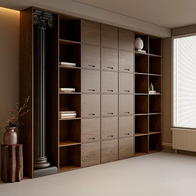 Modern Wooden Bookcase With Closed Cabinets Open Shelves Decorative Vase And Statue 3d model