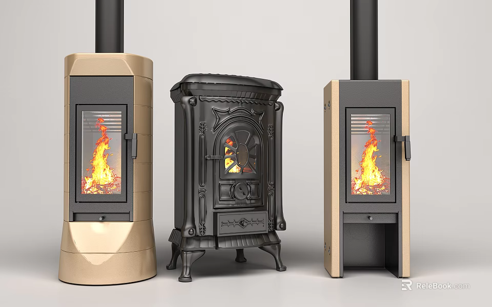 Three Stylish Home Fireplaces with Classic and Modern Designs Featuring Burning Flames 3d model 