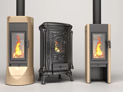 Three Stylish Home Fireplaces with Classic and Modern Designs Featuring Burning Flames 3d model