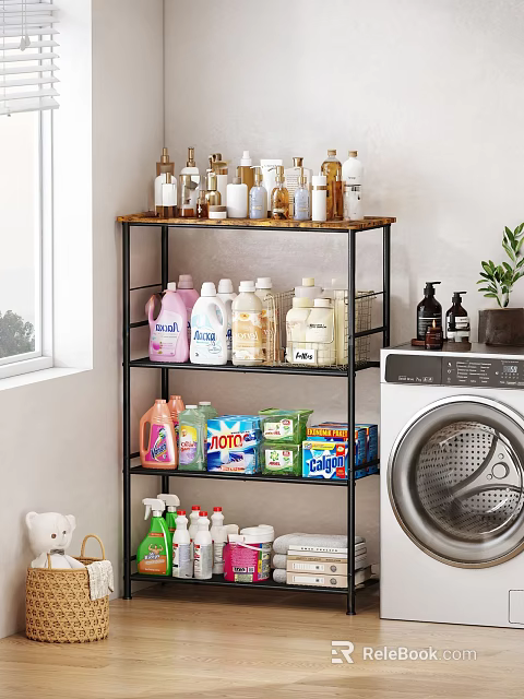 Laundry Storage Shelf With Cleaning Products Detergents And Washing Machine 3d model 