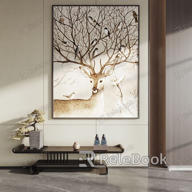 Modern Animal Painting Decorative Painting Art Hanging Painting Elk Painting Creative Hanging Painting Black Edge Several End Scene Pine Bonsai Stone Lion Ornaments model