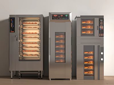 Commercial Stainless Steel Kitchen Ovens With Multiple Layers Baking Trays And Baked Goods Inside 3d model