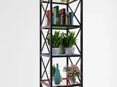 Multi Tiered Storage Shelf with Books Green Plants and Vase Holding Flowers 3d model