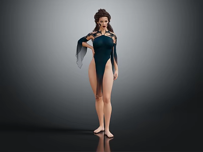 A woman in dark blue jumpsuit with transparent shoulder veil long brown hair standing barefoot 3d model