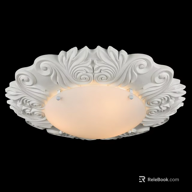 Elegant White Ceiling Light With Ornate Scroll Patterns And Frosted Glass Shade 3d model