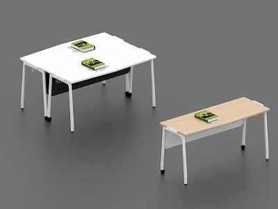 Modern Office Conference Tables With White And Light Wooden Tops And Green Notebooks 3d model