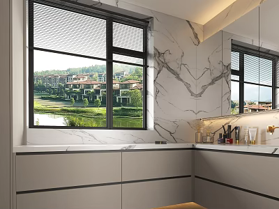 Modern Bathroom Cabinetry With Marble Wall Large Window Scenic View And Wall Mirror 3d model