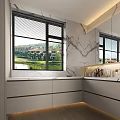 Modern Bathroom Cabinetry With Marble Wall Large Window Scenic View And Wall Mirror