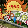 Rural Revitalization Signage Featuring Farmer Holding Wheat Ears Sun Shape And Green Landscape