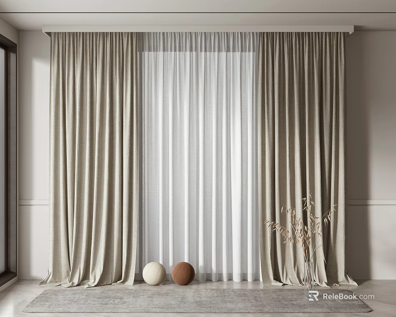 Beige Thick Curtains With White Sheer Panels In Minimalist Home Interior Decor 3d model 