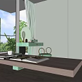 Modern Green Vanity Table With Gold Ring Stool Mirror And Decorative Items