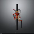 Industrial Equipment Structure Featuring Red Yellow Components And Black Pillar With Pipes