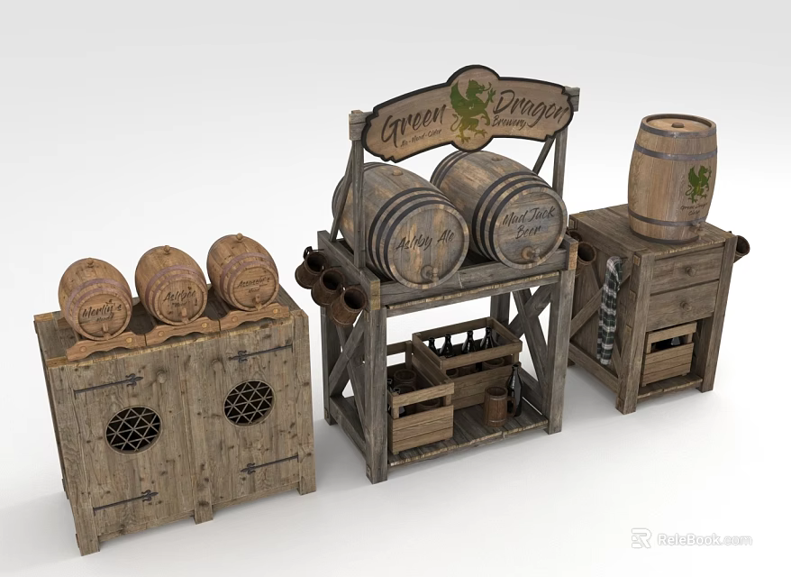 Rustic Wooden Wine Cabinet With Vintage Storage Shelves And Decorative Barrels 3d model 