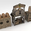 Rustic Wooden Wine Cabinet With Vintage Storage Shelves And Decorative Barrels