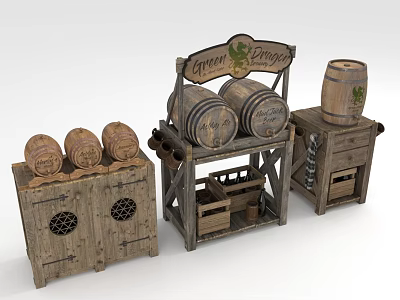 Rustic Wooden Wine Cabinet With Vintage Storage Shelves And Decorative Barrels 3d model