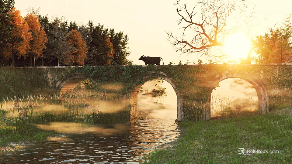 Stone Arch Bridge Covered With Ivy Featuring Cow At Sunset With River Below 3d model