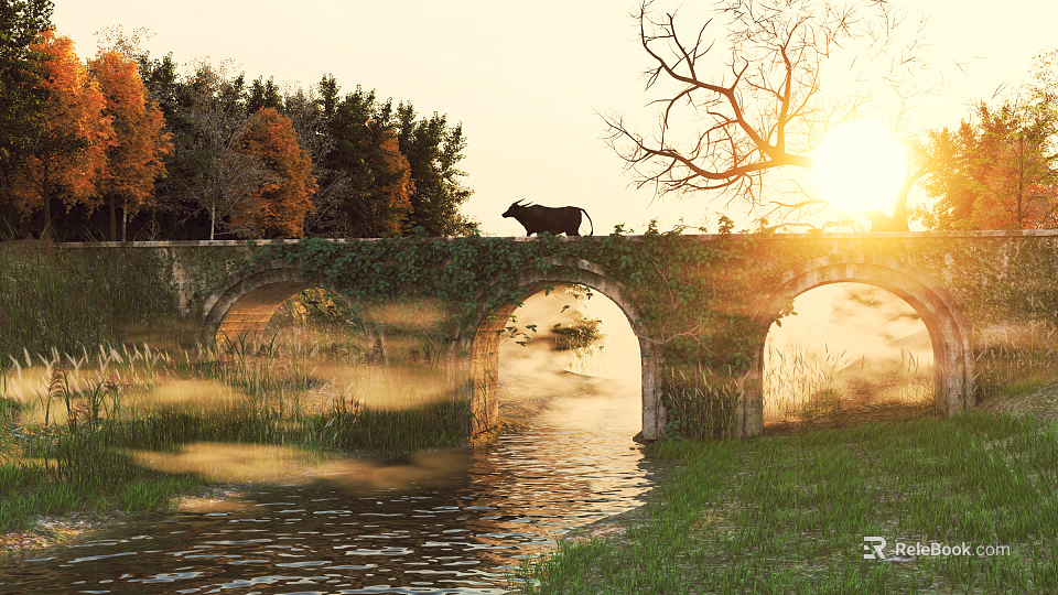 Stone Arch Bridge Covered With Ivy Featuring Cow At Sunset With River Below 3d model 