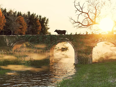 Stone Arch Bridge Covered With Ivy Featuring Cow At Sunset With River Below 3d model