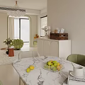 Modern Living and Dining Room Interior With Light Sofa Chandelier Decorative Paintings And Green Plants