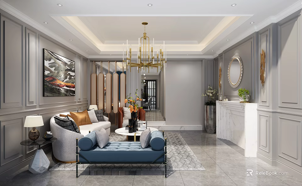 Modern Elegant Living and Dining Room Interior With Chandelier Sofa Coffee Table And Fireplace 3d model 