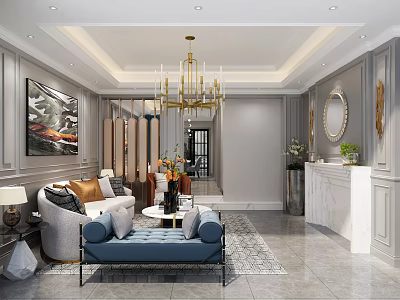Modern Elegant Living and Dining Room Interior With Chandelier Sofa Coffee Table And Fireplace 3d model