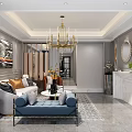 Modern Elegant Living and Dining Room Interior With Chandelier Sofa Coffee Table And Fireplace