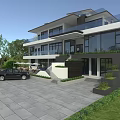 Modern Detached Villa With Large Glass Windows Balconies And Green Lawn Surroundings