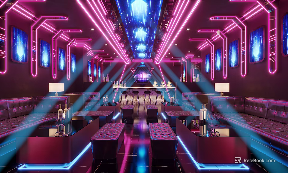 Vibrant KTV Interior With Purple Blue Neon Lights And Comfortable Seating Tables 3d model 