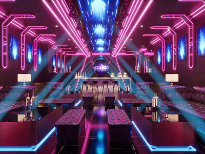 Vibrant KTV Interior With Purple Blue Neon Lights And Comfortable Seating Tables 3d model