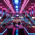 Vibrant KTV Interior With Purple Blue Neon Lights And Comfortable Seating Tables