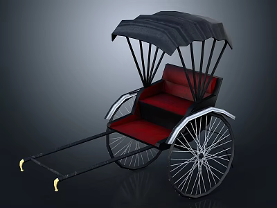 Traditional Rickshaw With Black Canopy Red Seat Black Frame White Wheel Rims And Yellow Footrests 3d model
