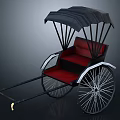 Traditional Rickshaw With Black Canopy Red Seat Black Frame White Wheel Rims And Yellow Footrests