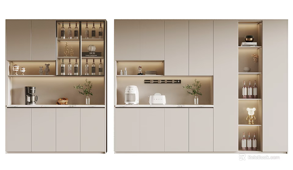 Modern Light Colored Wine Cabinet Interior With Illuminated Shelves Wine Bottles And Green Plants 3d model 