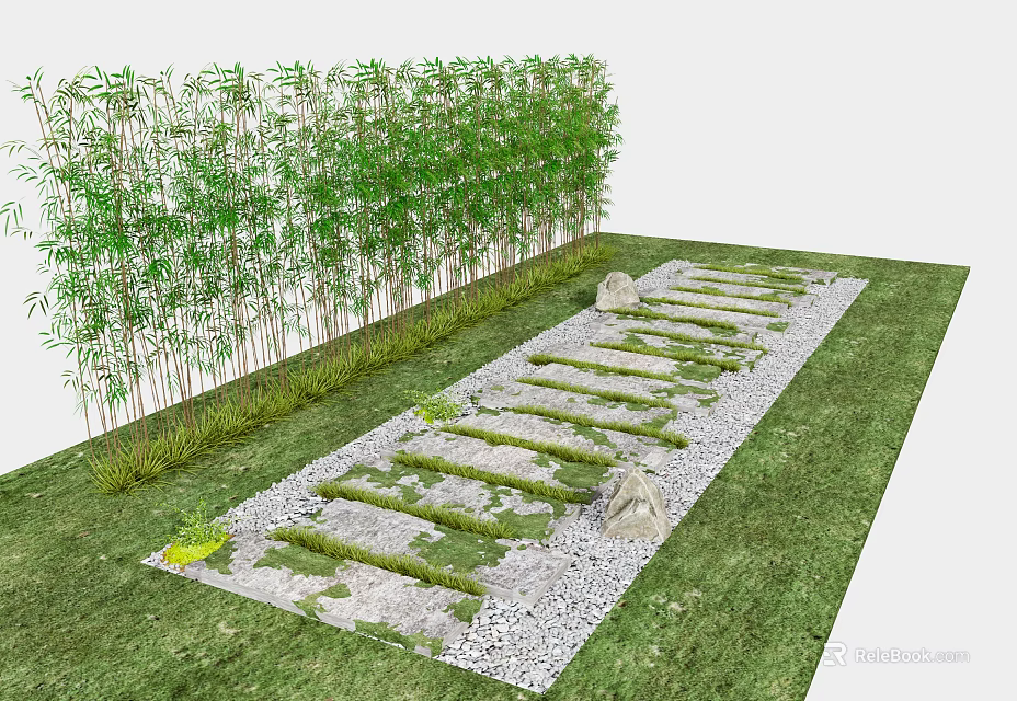 Natural Stepping Stones Path With Bamboo Grove And Green Lawn In Garden 3d model 