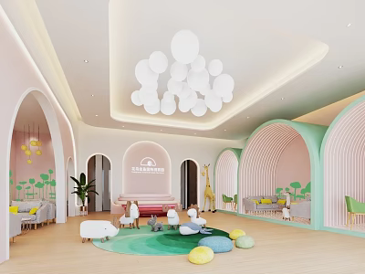 Kindergarten Interior Design With Arched Pink Green Elements Cloud Pendant Lights Round Carpet 3d model