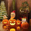 Halloween Christmas Art Installation With Glowing Pumpkin Lanterns Ghost Decorations And Fireplace